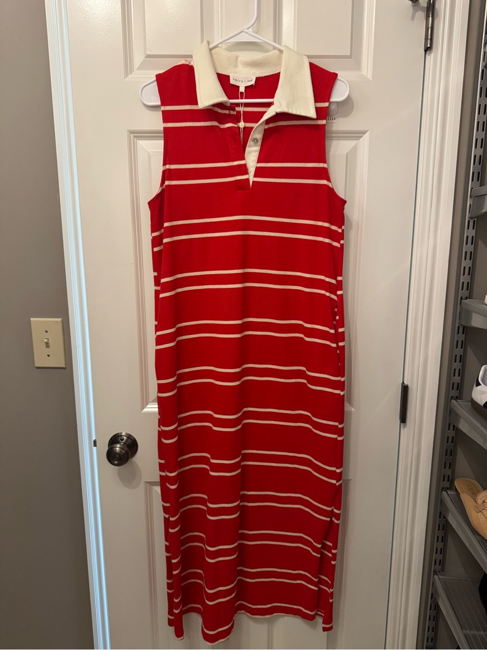 entro Red and Cream Striped Sleeveless Polo Maxi Dress